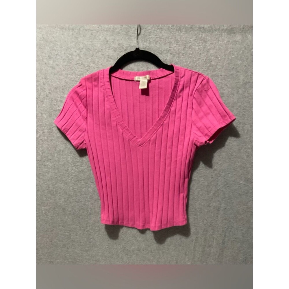 Bozzolo Youth Girls Medium Pink Ribbed V-Neck Short Sleeve Baby Tee Y2K Top